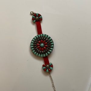 Aztec designed bracelet - red and turquoise